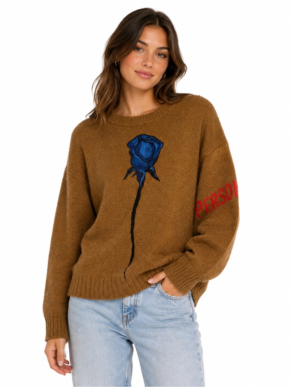 UNIF Brown Crewneck Sweater with Blue Rose Graphic